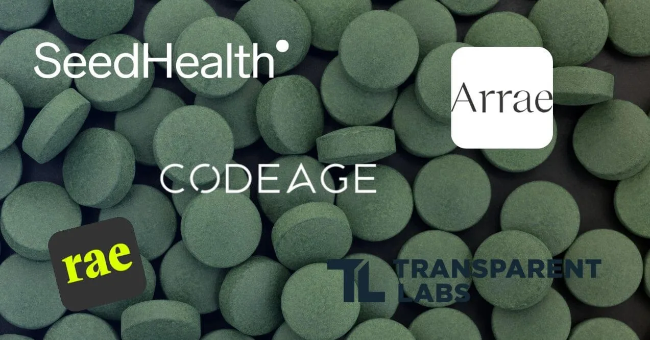 Green round supplement tablets with logos of fastest growing supplement brands 2025.