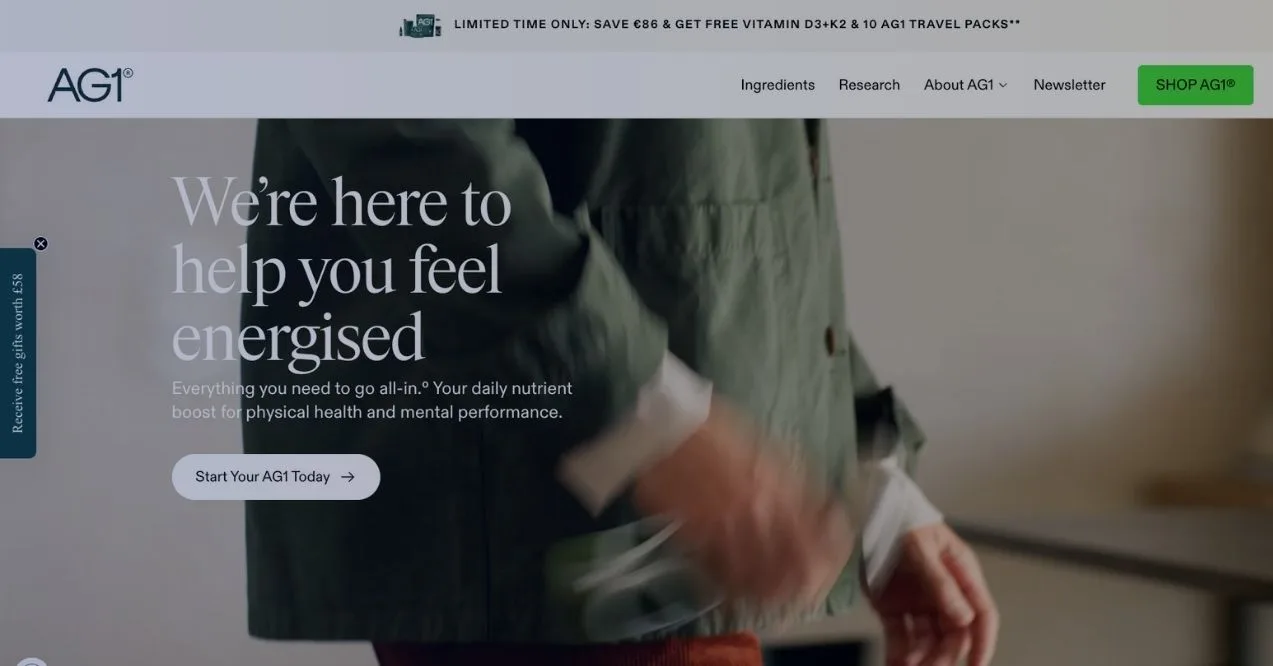 A screenshot of Athletic Greens (AG1) homepage