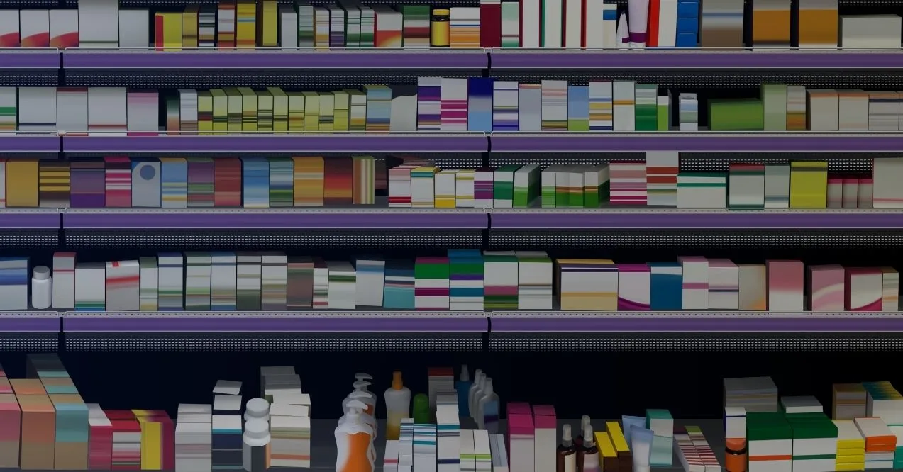 Store shelves filled with various colorful boxed and bottled products.