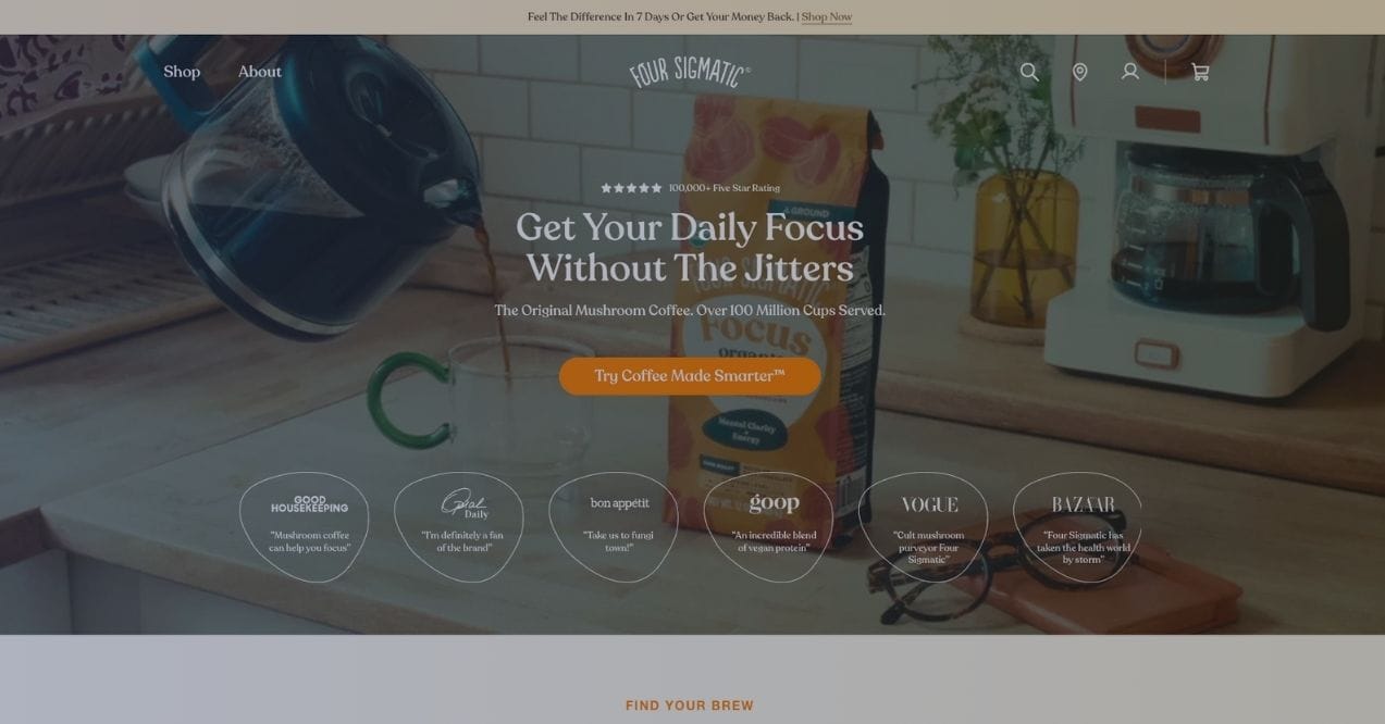 A screenshot of Four Sigmatic homepage