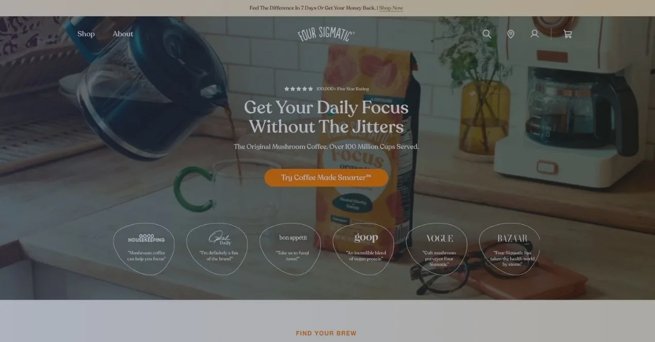 A screenshot of Four Sigmatic homepage
