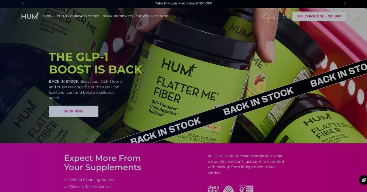 A screenshot of HUM Nutrition homepage