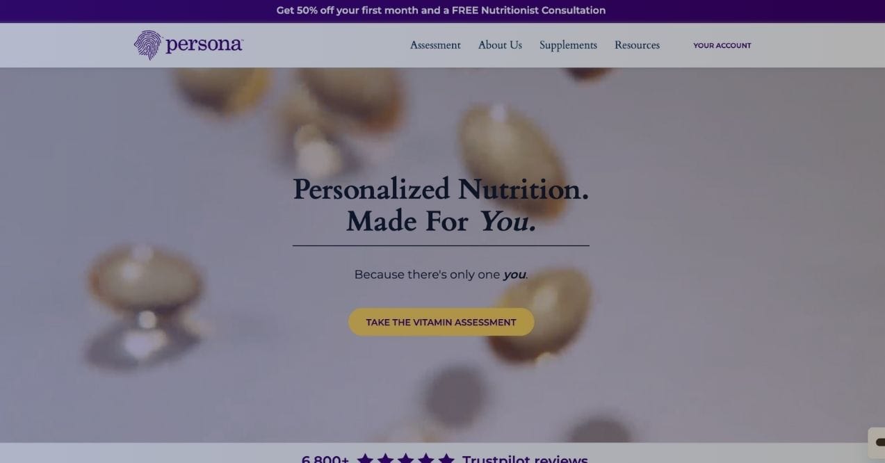 A screenshot of Persona Nutrition homepage