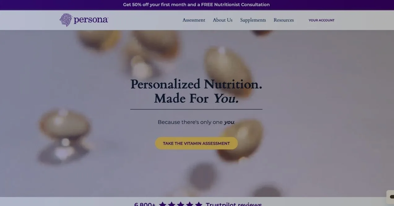 A screenshot of Persona Nutrition homepage