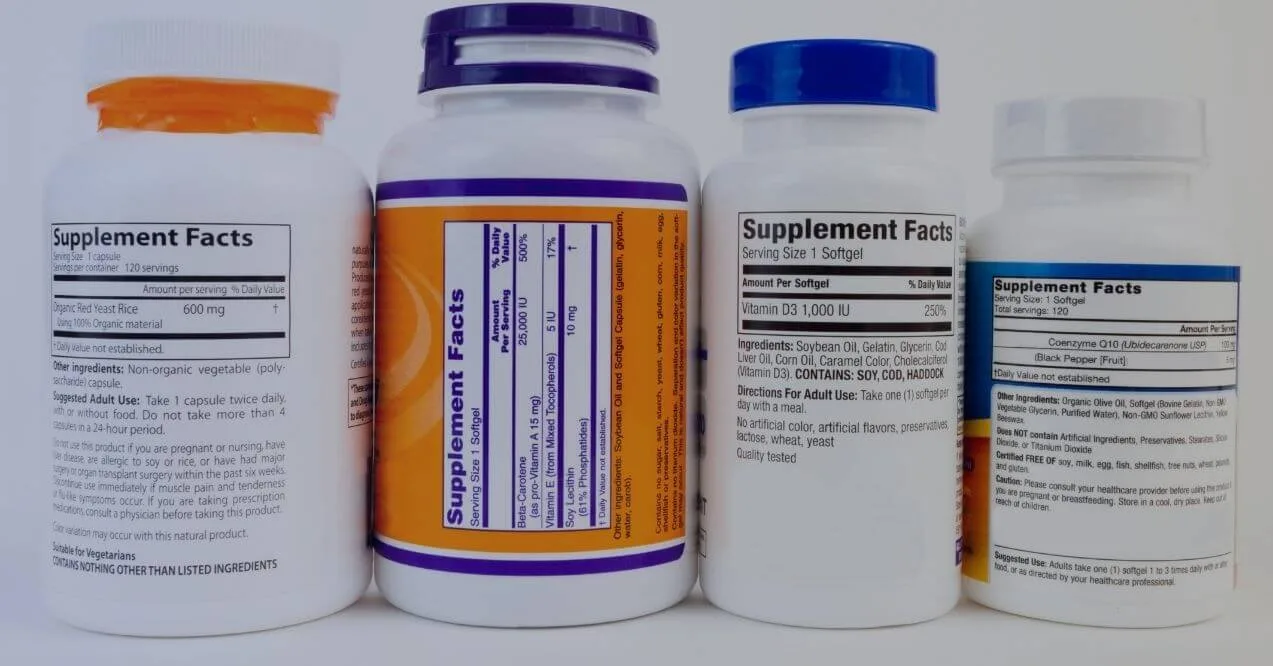 Supplement bottles with labeled nutrition facts resembling dos and donts of dietary supplement labeling