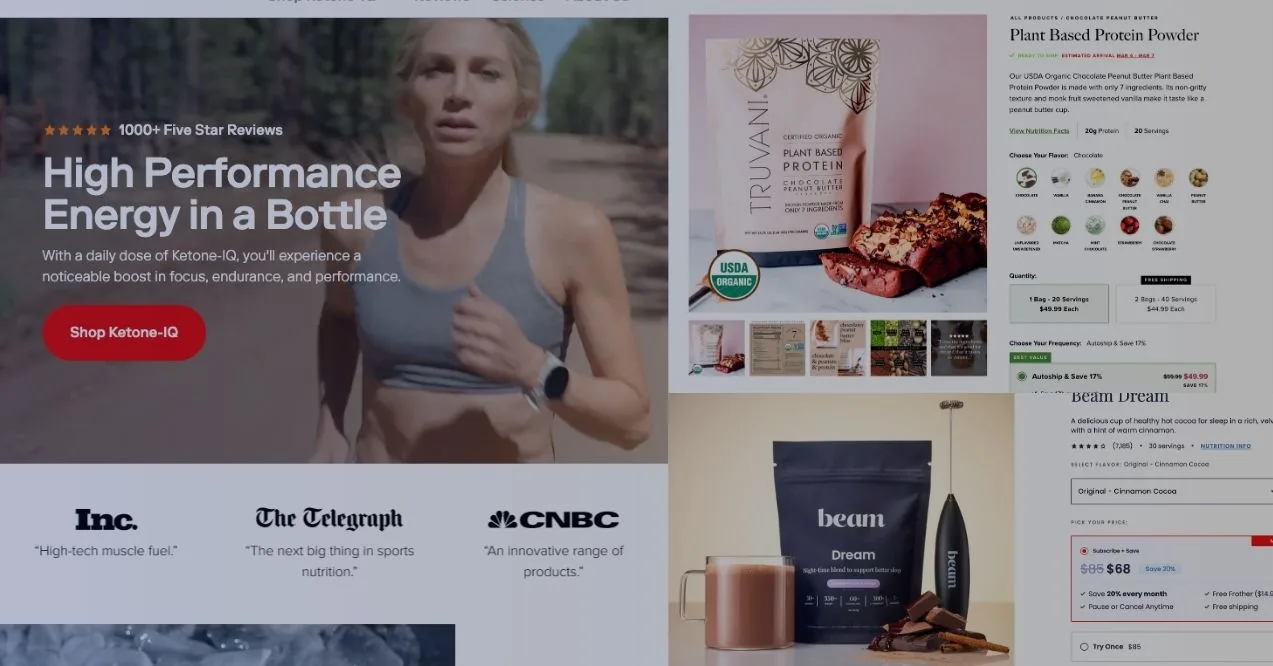 A page showing two supplement products: "Ketone-IQ" energy drink and "Plant Based Protein Powder" by Beam, with logos and positive quotes.