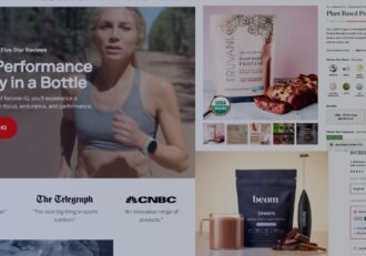 A page showing two supplement products: "Ketone-IQ" energy drink and "Plant Based Protein Powder" by Beam, with logos and positive quotes.
