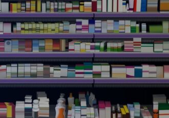Store shelves filled with various colorful boxed and bottled products.